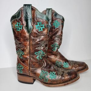 Corral Women's Whiskey Turquoise 3 Cross Square Toe Boots Size 8